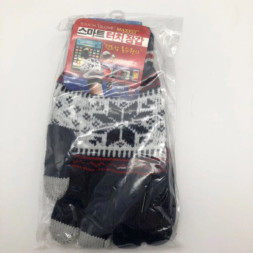 Hansun Smart Touch Winter Gloves Unisex One Size Navy‎ Fair Isle Korean Knit